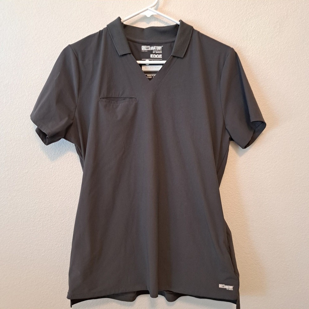 Greys Anatomy by Barco Edge Scrub Top Charcoal Grey Polo V-Neck Womens Small